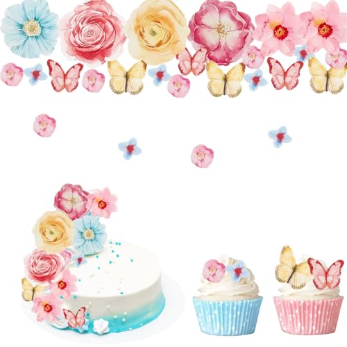 Gleevio Essbare Schmetterlinge Tortendeko Blumen Deko Torte, Essbare Blumen für Torte,50 Stück Esspapier Schmetterlinge Blüten Cupcake Deko,Blüten Tortendeko Essbar für Geburtstag,Hochzeit,Taufe von Gleevio