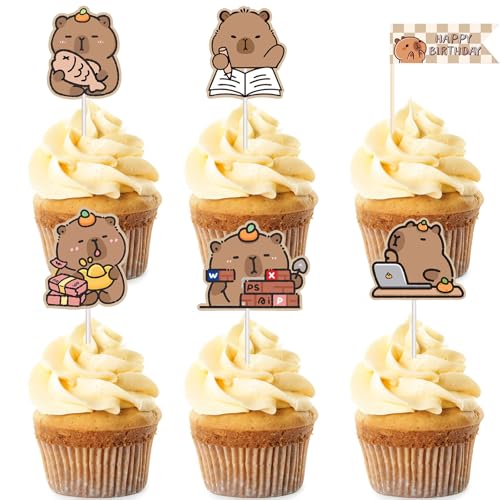 Gleevio Capybara Tortendeko Geburtstag, 30 Stück Happy Birthday Cupcake Topper Capybara, Kuchendeko Geburtstag, Tiere Muffins Deko Kindergeburtstag, Süße Capy Geburtstagskuchen Deko von Gleevio