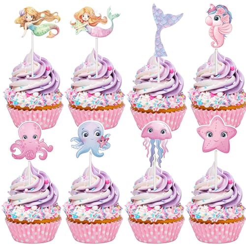 Gleevio Meerjungfrau Tortendeko Geburtstag Mädchen, 20 Stück Meerjungfrau Cupcake Topper, Meerjungfrauen Geburtstag Deko, Torten Deko Mädchen, Muffin Topper Unterwasserwelt Kindergeburtstag von Gleevio