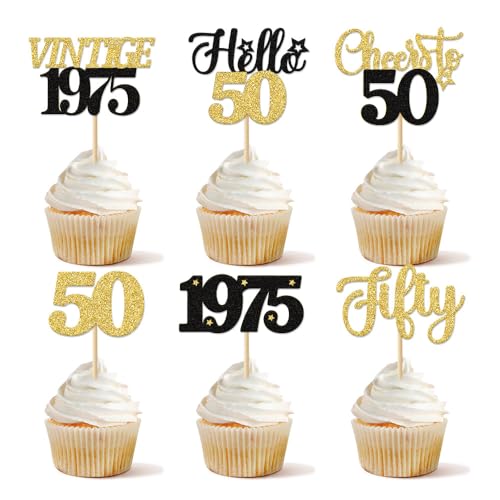 Gleevio Cupcake Topper für Geburtstag, 24 Stück, Schwarz-Gold Glitzer, 6 Designs (50) von Gleevio