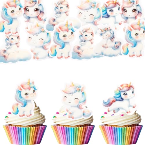 Gleevio Einhorn Tortendeko Mädchen Essbar, 48 Stück Essbare Einhorn Muffin Deko, Esspapier Tortendeko Kindergeburtstag, Cupcake Deko Mädchen, Unicorn Kuchendeko für Kinder Mädchen Junge Geburtstag von Gleevio