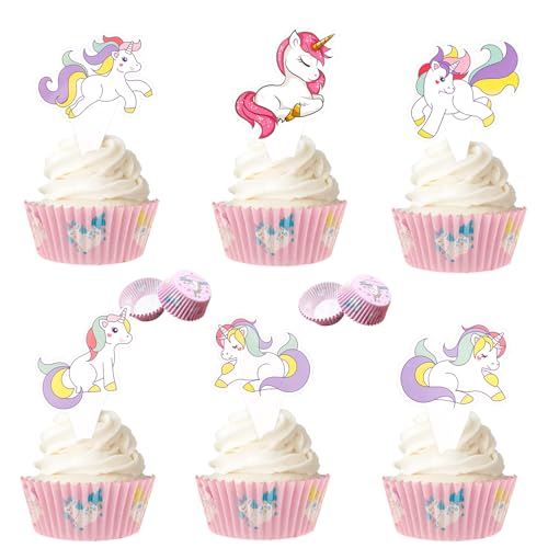Gleevio Tortendeko Einhorn Muffin Deko,24 Stück Unicorn Cupcake Deko,100 Stück Einhorn Muffinförmchen Papier Ø 5 cm,Cupcake Förmchen Kindergeburtstag,Tortendeko Mädchen,Unicorn Kuchendeko Geburtstag von Gleevio