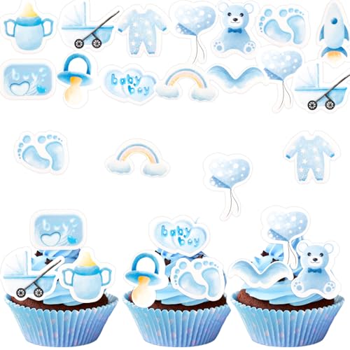 Gleevio Essbare Its a Boy Tortendeko Babyparty Junge, 48 Stück Cupcake Topper Baby Boy, Muffin Deko, Esspapier Kuchen Deko Essbar, Blau Cupcake Deko für Gender Reveal Taufe von Gleevio