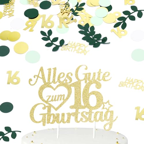 Gleevio Tortendeko 16 Geburtstag Junge,Cake Topper 16. Geburtstag Mädchen mit 100 Stück Konfetti 16 Geburtstagdeko Tischdeko,Kuchen Deko Alles Gute zum 16Geburtstag,Geburtstagsdeko 16 Jahre Grün Gold von Gleevio
