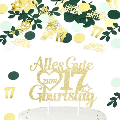 Gleevio Tortendeko 17 Geburtstag Junge,Torten Deko 17. Geburtstag Mädchen mit 100 Stück Konfetti 17 Geburtstagdeko Tischdeko,Kuchen Deko Alles Gute zum 16Geburtstag,Geburtstagsdeko 17 Jahre Grün Gold von Gleevio
