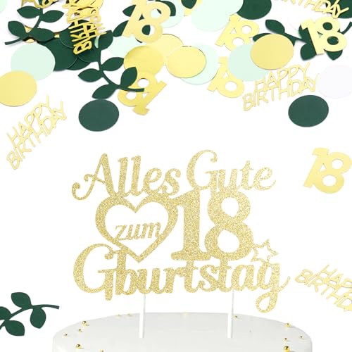 Gleevio Tortendeko 18 Geburtstag Junge,Torten Deko 18. Geburtstag Mädchen mit 100 Stück Konfetti 18 Geburtstagdeko Tischdeko,Kuchen Deko Alles Gute zum 18Geburtstag,Geburtstagsdeko 18 Jahre Grün Gold von Gleevio