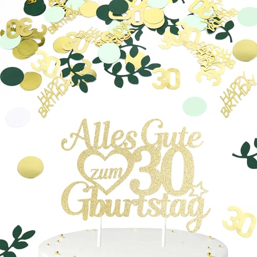 Gleevio Tortendeko 30 Geburtstag Mann Frau,Kuchen Deko 30 Geburtstag mit 100 Stk Konfetti 30 Geburtstagdeko,Gold Green Kuchen Topper 30,Cake Topper Alles Gute zum 30 Geburtstagdeko,Kuchendeko 30 Jahre von Gleevio