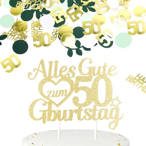 Gleevio Tortendeko 50. Geburtstag Mann,Kuchen Deko 50 Geburtstag Frau mit 100 Stk Konfetti 50 Geburtstagdeko,Gold Green Torten Deko 50,Cake Topper Alles Gute zum 50 Geburtstagdeko,Kuchendeko 50 Jahre von Gleevio