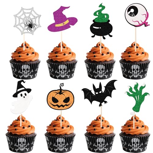 Gleevio Tortendeko Halloween Cupcake Topper Fledermaus Deko Torte,24 Stück Halloween Deko Kuchen,Glitzer Fledermaus Tortendeko Kürbis Muffin Deko,Gruseliger Augapfel Kuchendeko für Horror Themed Party von Gleevio