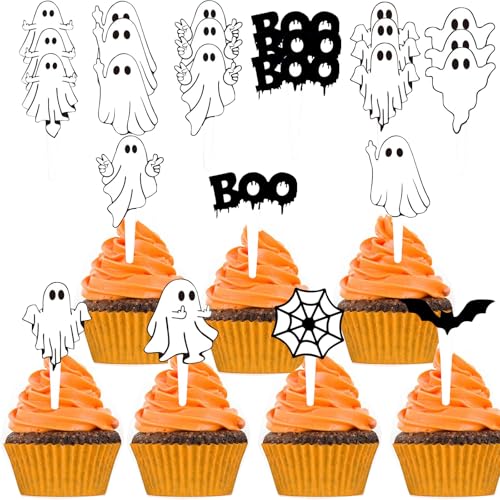 Gleevio Tortendeko Halloween Cupcake Topper Geist Deko Torte,54 Stück Halloween Kuchen Dekoration, Schwarz Geist Tortendeko Fledermaus Muffin Deko, Spinnennetz Kuchendeko für Horror Themed Party von Gleevio
