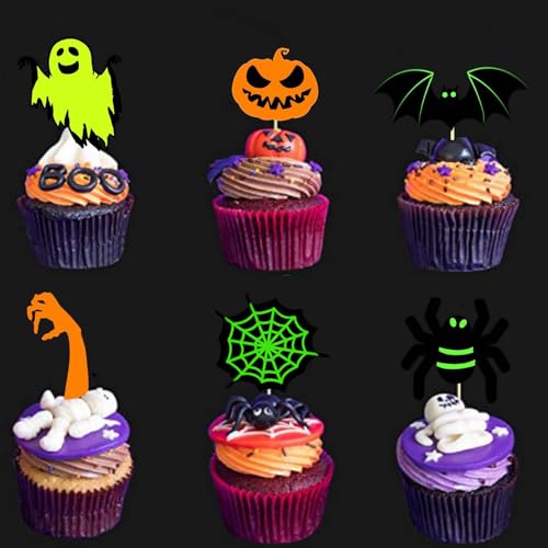 Gleevio Leucht Tortendeko Halloween Cupcake Deko Fledermaus Deko Torte,24 Stück Leuchtende Halloween Deko Kuchen,Leucht Geist Tortendeko,Kürbis Spinne Kuchendeko für Halloweenparty Horror Themed Party von Gleevio