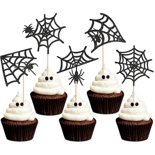 Gleevio Halloween Tortendeko Spinne Cupcake Topper, 20 Stück Halloween Deko Kuchen Spinnennetz, Glitzer Spinne Muffin Dekoration, Schwarz Spinnennetz Tortendeko für Halloweenparty Horror Themed Party von Gleevio