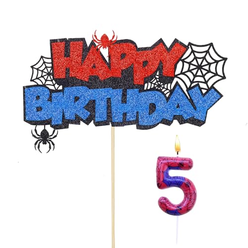Gleevio Happy Birthday Tortendeko 5 Geburtstagskerzen Zahlen 5,Spinne Tortendeko Kerze 5 Geburtstag Junge und Mädchen,Glitzer Spinnennetz Cake Topper 5 Geburtstag,Spinne Happy Birthday Kuchen Deko von Gleevio