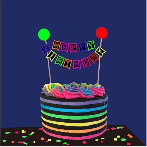 Gleevio Happy Birthday Tortendeko Neon, Cake Topper Geburtstag 80's 90's Kuchen Deko Geburtstag, Happy Birthday Cake Topper, Neon Geburtstagstorte Deko für unge Mädchen Mann Frau Party Supplies von Gleevio