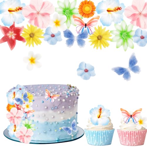 Gleevio 60 Stück Schmetterling Tortendeko Blumen Essbar,Essbare Blumen für Torte,Essbare Blüten Tortendeko,Gänseblümchen Cupcake Deko,Esspapier Blüten Muffin Deko für Geburtstag,Hochzeit,Summer von Gleevio