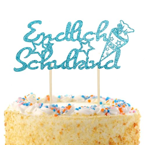 Gleevio Tortendeko Einschulung,Glitzer Kuchen Deko Einschulung,Endlich Schulkind Tortendeko Schulanfang,Blau Cake Topper Schulkind 2025 Mädchen Junge,Kuchendeko Schulanfang Schuleinführung Party Deko von Gleevio