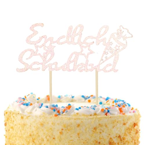 Gleevio Tortendeko Einschulung Deko 2025,Glitzer Kuchen Deko Einschulung,Hellrosa Cake Topper Endlich Schulkind Tortendeko Schulanfang,Kuchendeko Schulanfang für Junge Mädchen Einschulungsfeier 16cm von Gleevio