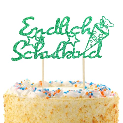 Gleevio Tortendeko Einschulung Deko 2025,Endlich Schulkind Cake Topper,Glitzer Kuchen Deko Einschulung,Tortendeko Schulanfang,Grün Schulkind Kuchendeko für Einschulungsfeier,Schuleinführung Party Deko von Gleevio