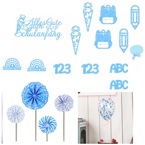 Gleevio Tortendeko Einschulung Junge,19 Stk Alles Gute zum Schulanfang Cupcake Topper Einschulung Deko Torte,Glitzer Blau Schulkind Tortendeko Mädchen,Kuchendeko Schulanfang mit ABC 123 Zuckertüte von Gleevio