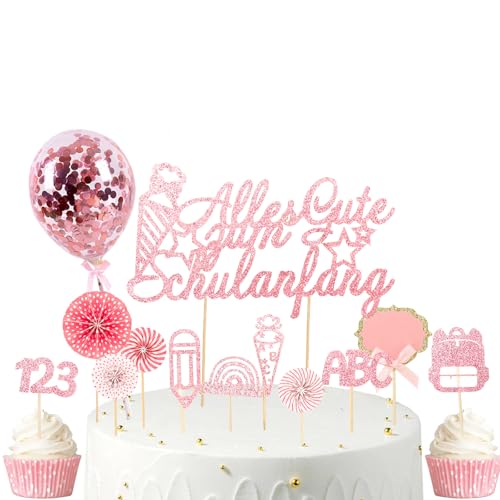 Gleevio Alles Gute zum Schulanfang Tortendeko Einschulung Mädchen,19Stk Cupcake Topper Einschulung Deko Torte Junge,Glitzer Rosa Schulkind Tortendeko Schulanfang mit 123 Zuckertüte für Schuleinführung von Gleevio