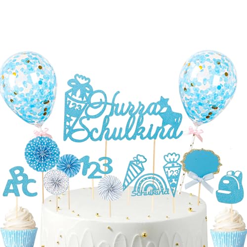 Gleevio Hurra Schulkind Tortendeko Einschulung Junge,20 Stk Cake Topper Einschulung Deko Torte,Schulkind 2025 Kuchendeko Schulanfang Blau,Tortendeko Schulanfang ABC 123 Zuckertüte für Schuleinführung von Gleevio