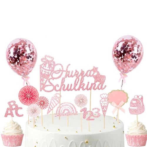 Gleevio Hurra Schulkind Tortendeko Einschulung Mädchen,20 Stk Kuchen Deko Einschulung,Glitzer Cake Topper Schulkind 2025 Mädchen,Kuchendeko Schulanfang Rosa,123 Zuckertüte Deko Torte Schuleinführung von Gleevio
