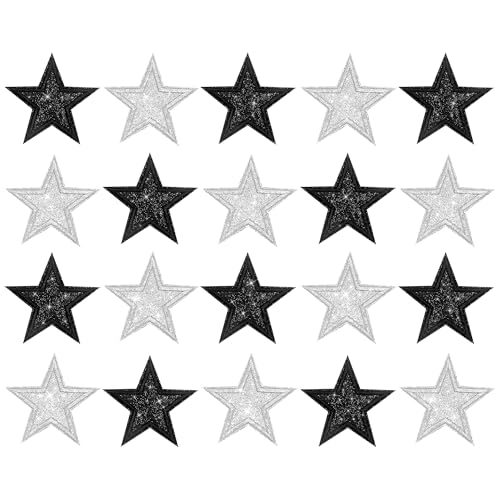 Aufnäher zum Aufbügeln, glitzernd, Sterne, silberfarben, schwarz, für Kleidung, Hüte, Jacken, Jeans, Rucksack, 20 Stück von Gleihow