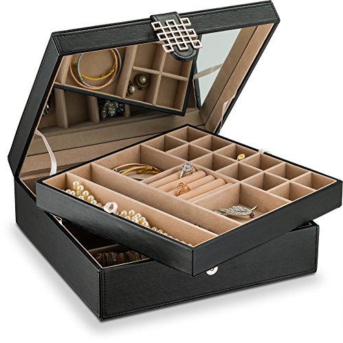 Glenor Co Schmuckkästchen mit 28 Fächern, 2 Ebenen, Schnallen-Schnapp- und Magnetverschluss, großer Spiegel, Leder-Design, Schwarz von Glenor
