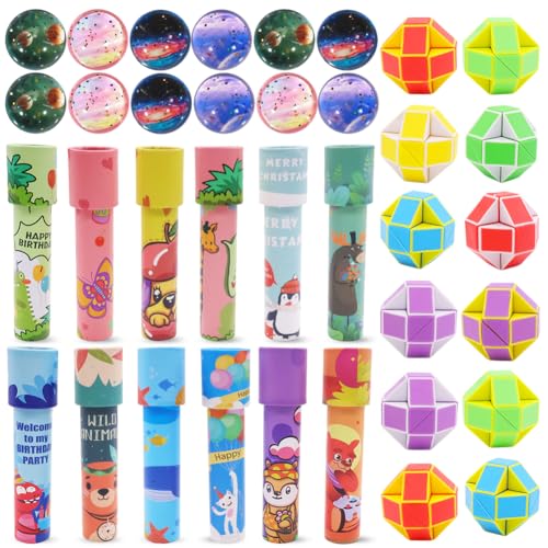 GlibberToy Kindergeburtstag Mitgebsel Gastgeschenke 36 Stück Set,Klassisches Kaleidoskope Kinder und Flummi Planeten Spielzeug,Blöcke Magische Schlange für Jungen Mädchen give aways Partygeschenke von GlibberToy
