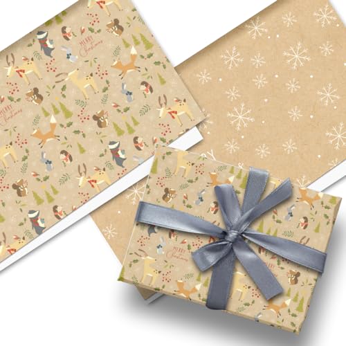 Glick Luxuriöses Weihnachts-Geschenkpapier (3 Blatt) Tiere im Wald (doppelseitig), Weihnachtsgeschenkpapier, 50 x 75 cm, geöffnet, Kraftpapier von Glick