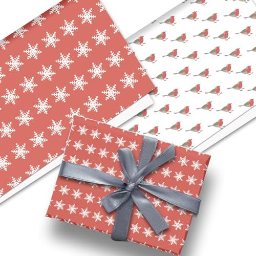 Glick Luxuriöses Weihnachts-Geschenkpapier (3 Blatt), Schneeflocken und Rotkehlchen (doppelseitig), Weihnachts-Geschenkpapier von Glick