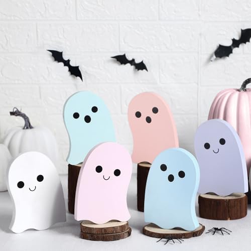 GlikCeil 6 Stück niedliche Halloween-Geister-Dekorationen, Pastellfarben, Halloween-Tischdekorationen für den Innenbereich, Holzgeister-Thema, Tischdekoration für Zuhause, Büro, Party, gestufte von GlikCeil