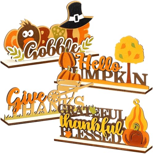 GlikCeil Holzschild mit Aufschrift "Happy Harvest Give Thanks Fall", für Thanksgiving, Party, Zuhause, Küche, Regal, Tafelaufsätze, abgestufte Tablett-Dekoration, 4 Stück von GlikCeil