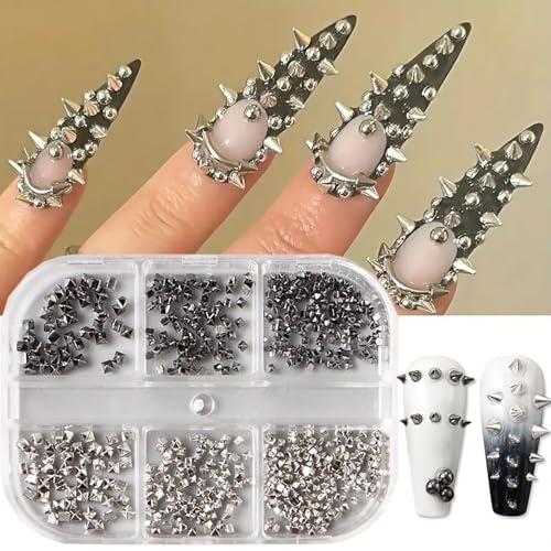 GlimmerStyle 1 Schachtel Mit 6 Schachteln Schwarzen Und Silbernen Nietkugelnagelornamenten + 1 Schwarze Gerade Kunststoffpinzette,Glitzersteine,Nail Charms,Strasssteine von GlimmerStyle