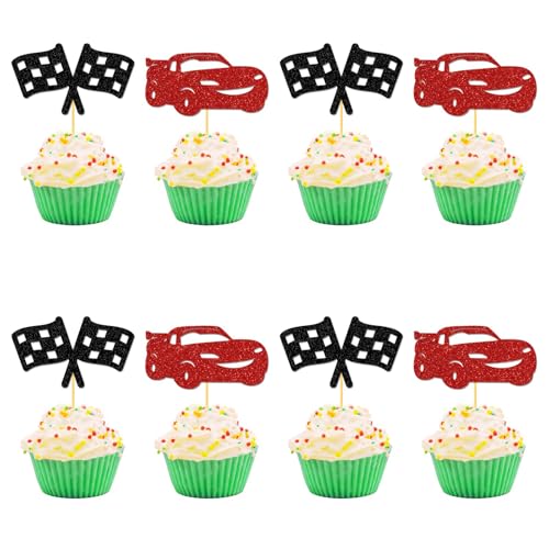 Glimmerstyle Tortendeko Auto,24 Rote Auto Cupcake Topper,Rennwagen Party Kuchendekorationen,Geeignet Für Babyparty Geburtstagsparty Kuchendekorationszubehör von GlimmerStyle
