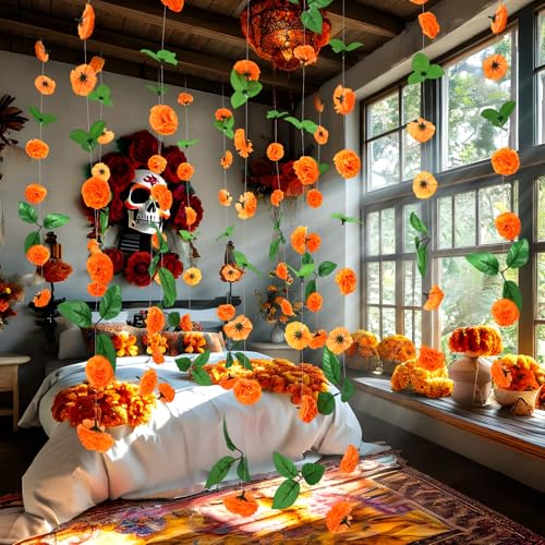 Glitinsel Ringelblumen-Girlanden zum Aufhängen, Dia De Los Muertos, Ringelblumen-Girlanden, geeignet für mexikanische Festivals, Altar, Trauer-Dekoration, Zuhause, Garten, Hochzeit, Party, Bogen, Wand von Glitinsel
