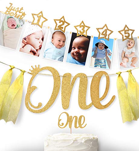 Meilenstein-Foto-Banner für Neugeborene bis 12 Monate, Tortenaufsatz und Hochstuhl-Banner, Goldglitzer-Dekorationen für 1 Jahr Meilenstein-Foto-Banner für Neugeborene bis 12 Monate, Tortenaufsatz und Hochstuhl-Banner, Goldglitzer-Dekorationen für 1 Jahr von Glittery Garden