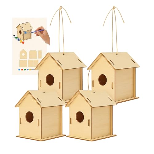 4er Set Vogelhaus Bausatz – 4 komplette Holz Bastelsets für Kinder zum Bemalen I DIY Bastelset günstig für Gruppen, Kita, Schule & Kindergeburtstag I Holz-Vogelhaus inkl. Farben & Pinsel von Glitzer im Kopf