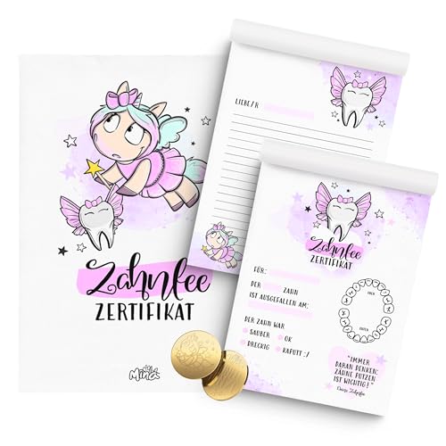 Zahnfee Bundle – 2 DIN A5 Blöcke Zahnfee-Urkunde und Brief an Zahnfee + 2 limitierte goldene Münzen I Zahnfee Geschenk Mädchen & Junge I Zertifikat von Glitzer im Kopf