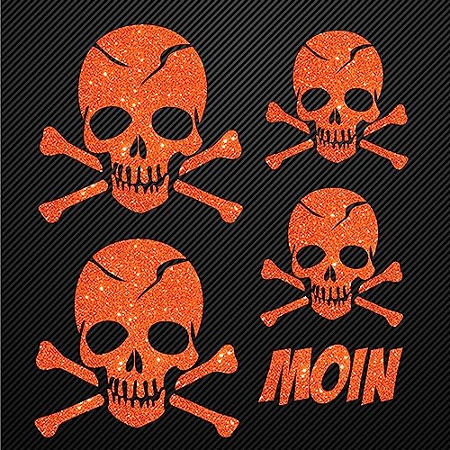 Glitzerdeals Bügelbilder Karneval Aufbügler Totenkopf Set Glitzer mit Moin Schriftzug Bügelbild Glitter Totenköpfe Bügelmotiv Schädel skull iron on design skull with bones orange von Glitzerdeals
