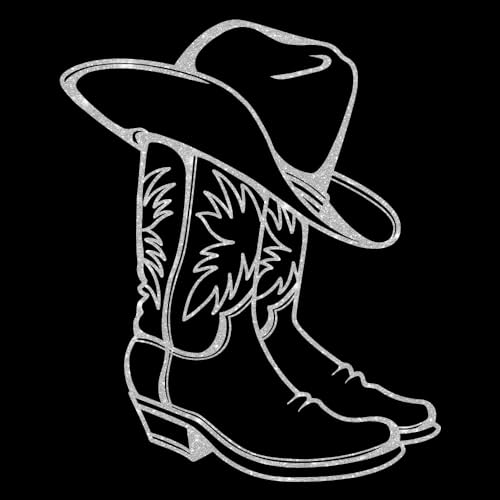 Glitzerdeals Bügelbild Glitzer Cowboystiefel mit Hut Line Dance - Silber - 190 x 230 mm - Aufbügler für Textilien - Karneval Kostüm - Fasching - 1 Stück von Glitzerdeals