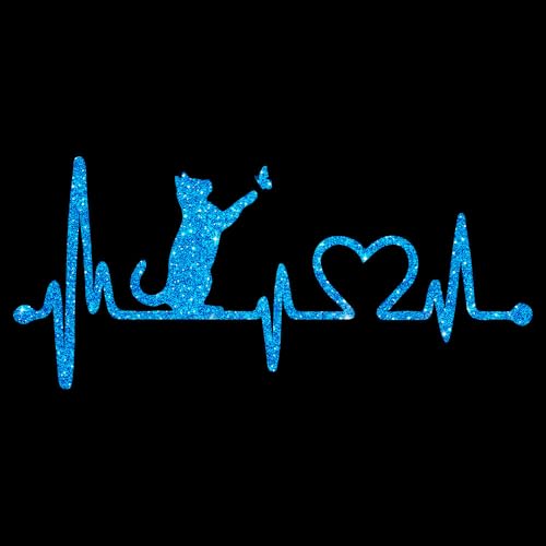 Glitzerdeals Bügelbild Glitzer Katze auf Herzline EKG Katzen blau Glitzerbild zum Aufbügeln Katzen Glitzerflex Katze Bling Aufbügler Katzen von Glitzerdeals