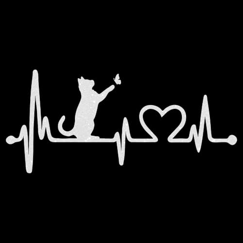 Glitzerdeals Bügelbilder Glitzer Katze auf Herzline EKG Katzen weiß Aufbügler für Textilien Karneval Kostüm Katzen Bügelflicken Katze Fasching Patch zum Aufbügeln Katzen von Glitzerdeals