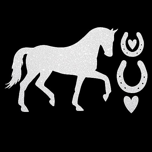 Glitzerdeals Bügelbilder Glitzer Pferd mit Hufeisen silber Aufbügler für Textilien Karneval Kostüm Pferd Bügelflicken Pferde Fasching Patch zum Aufbügeln Pferd von Glitzerdeals