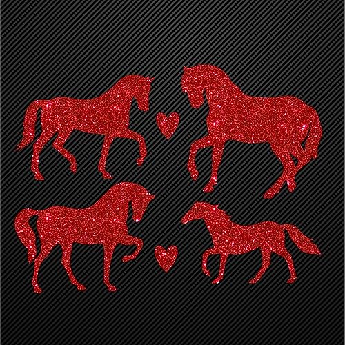 Glitzerdeals Bügelbild Glitzer Pferde 4er Set mit Herzen rot Glitzerbild zum Aufbügeln Pferd Glitzerflex Pferde Bling Aufbügler Pferd von Glitzerdeals