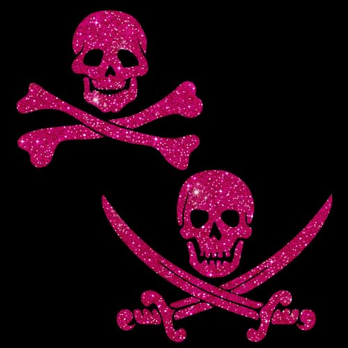 Glitzerdeals Bügelbild Glitzer Pirat 2er Set Totenkopf pink Glitzerbild zum Aufbügeln Pirat Glitzerflex Piratenkostüm Bling Aufbügler Pirat von Glitzerdeals