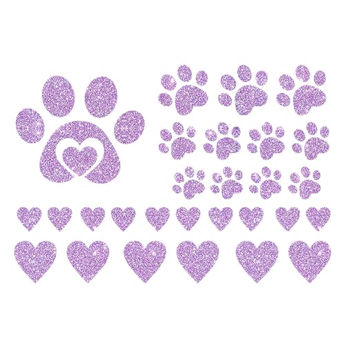 Glitzerdeals Bügelbilder Glitzer Set 12 Pfoten und 16 Herzen lila Aufbügler für Textilien Karneval Kostüm Pfoten Bügelflicken Herzen Fasching Patch zum Aufbügeln Pfoten von Glitzerdeals