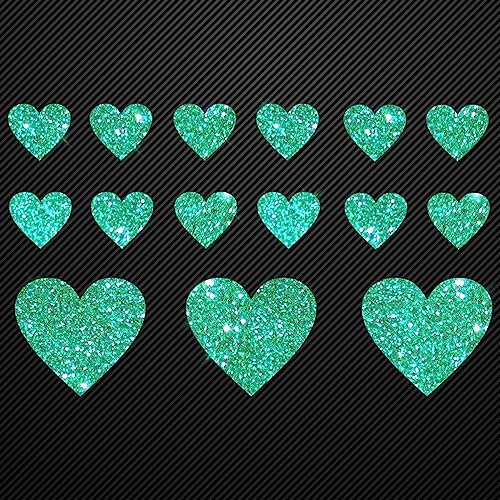Glitzerdeals Bügelbilder Glitzer Set 15 Herzen in Glitzer jade Aufbügler für Textilien Karneval Kostüm Herzen Bügelflicken Herz Fasching Patch zum Aufbügeln Herzen von Glitzerdeals