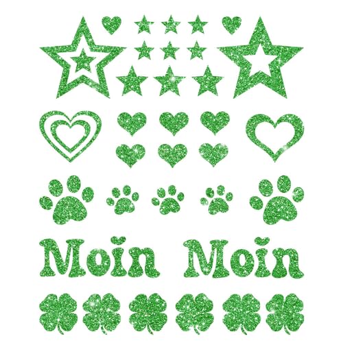 Glitzerdeals Bügelbilder Glitzer Herzen Sterne Moin Pfoten Kleeblatt hellgrün Aufbügler für Textilien Karneval Kostüm Herzen Bügelflicken Sterne Fasching Patch zum Aufbügeln Herzen von Glitzerdeals