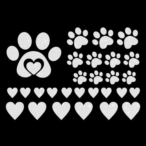 Glitzerdeals Bügelbilder Glitzer Set 12 Pfoten und 16 Herzen weiß Aufbügler für Textilien Karneval Kostüm Pfoten Bügelflicken Herzen Fasching Patch zum Aufbügeln Pfoten von Glitzerdeals